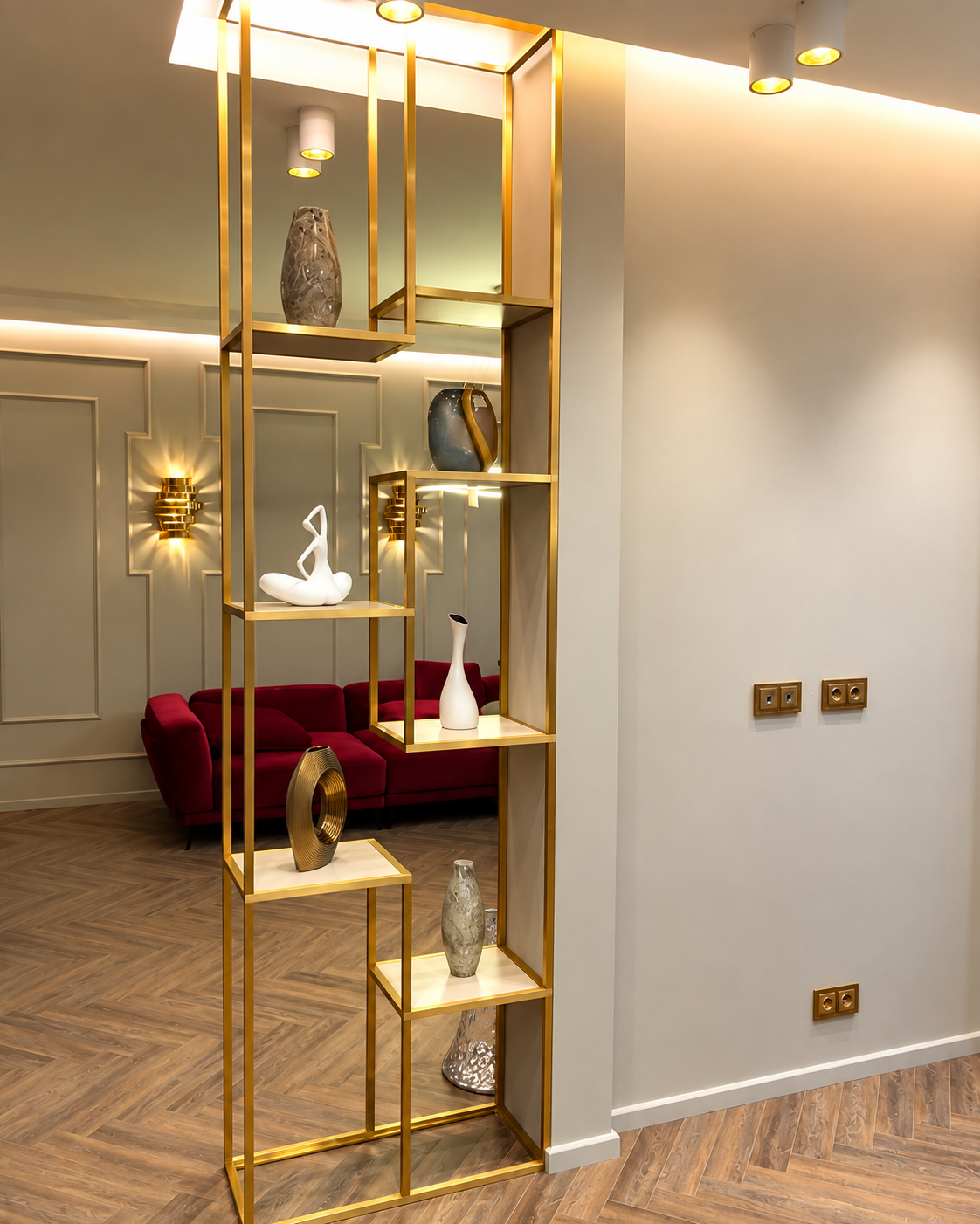 Gold Metal Frame Partition Design for Luxury Homes | Kanchipuram