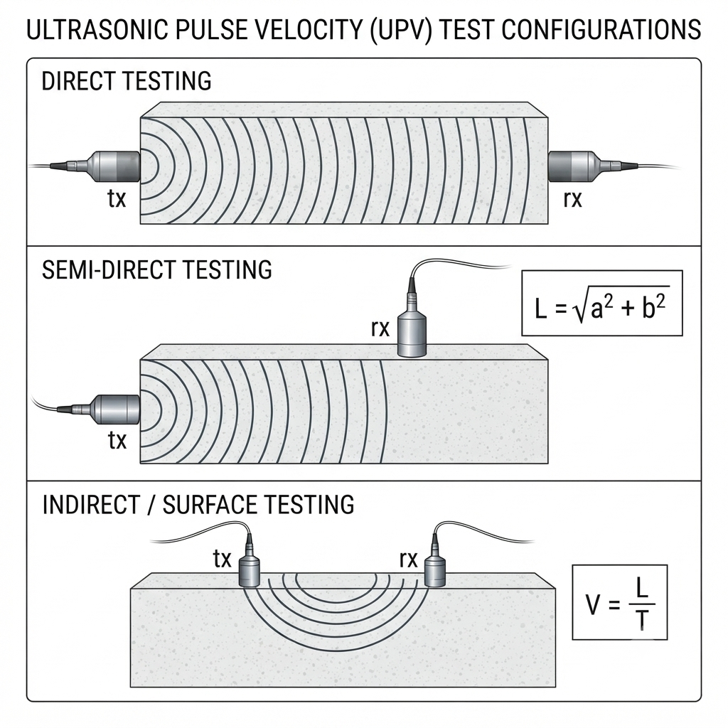How Do Different UPV Testing Arrangements (Direct, Semi-Direct, Indirect) Compare?