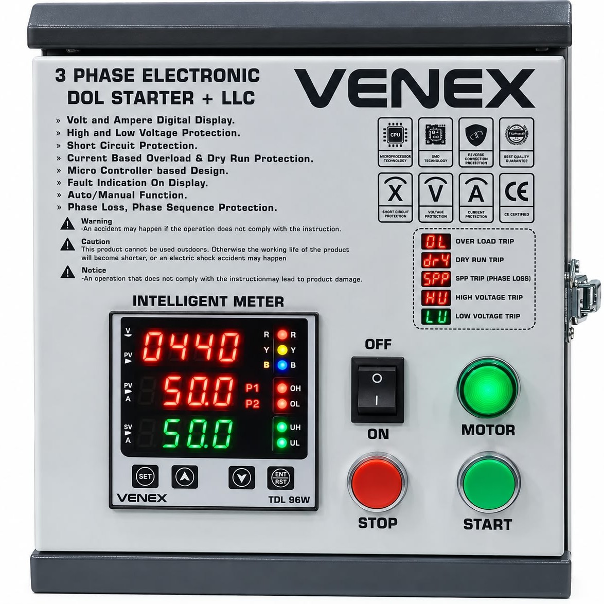 Three phase electronic DOL starter with LLC