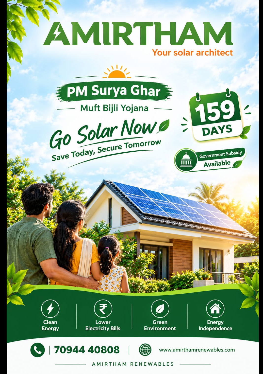 ☀️ 159 Days to a Brighter, Greener Future! 🌿
🏡 AMIRTHAM – Your Solar Architect
Switch to solar e...