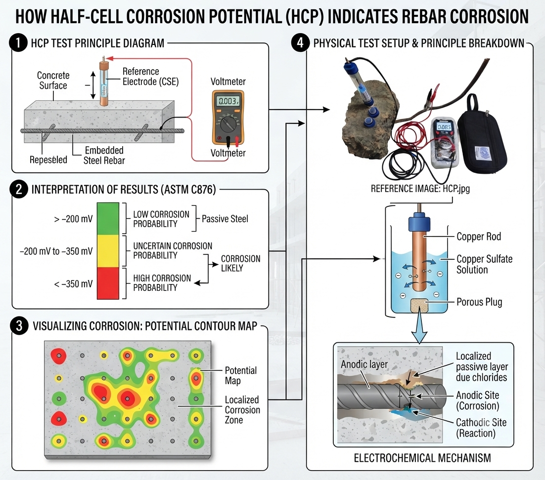 How Does Half-Cell Corrosion Potential Indicate Rebar Corrosion?