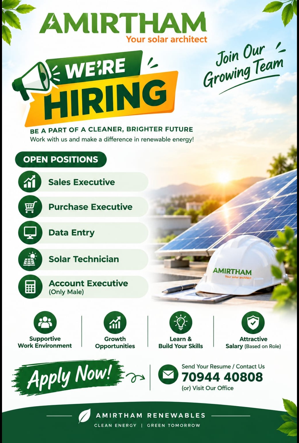 ๐ข WE'RE HIRING! JOIN OUR TEAM! ๐โ๏ธ
๐ AMIRTHAM RENEWABLES is expanding its team! We're looking fo...
