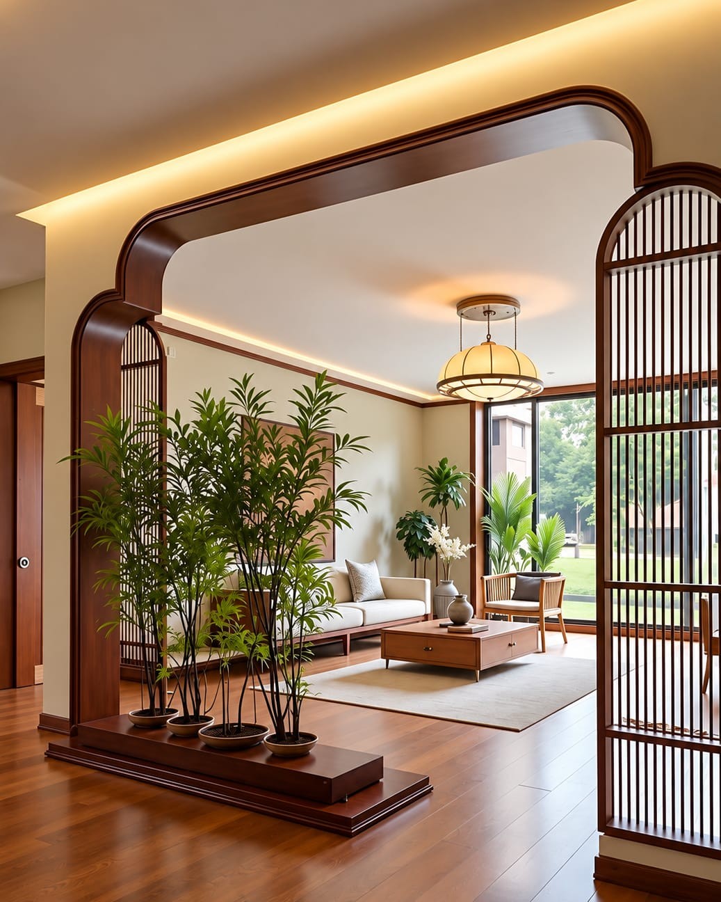 Wooden Arch Partition Design with Indoor Plants | T.Nagar