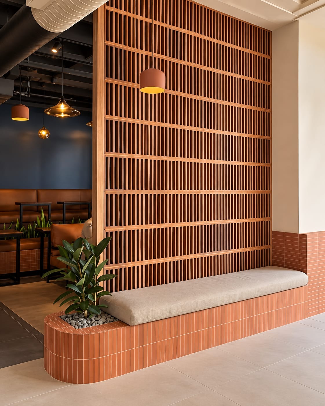 Wooden Slat Partition with Built-In Bench Seating | Porur