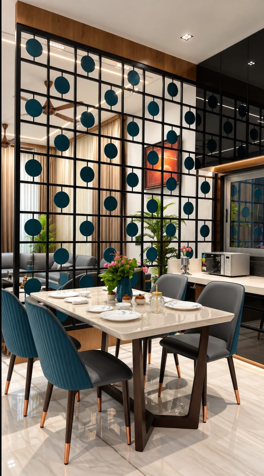 Dining Room Partition Design with Geometric Grid | T. Nagar