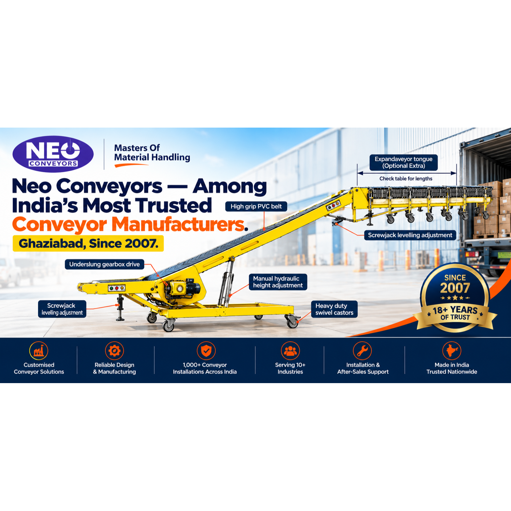 Neo Conveyors — Among India's Most Trusted Conveyor Manufacturers. Ghaziabad, Since 2007.