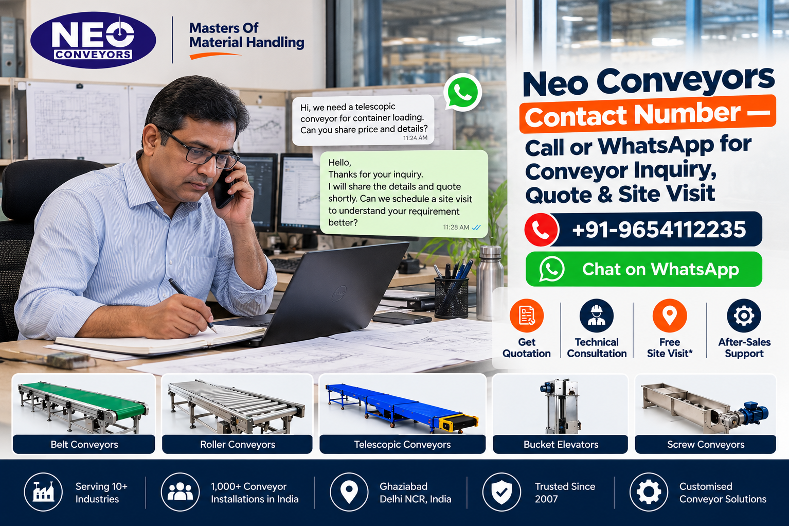 Neo Conveyors Contact Number — Call or WhatsApp for Conveyor Inquiry, Quote & Site Visit