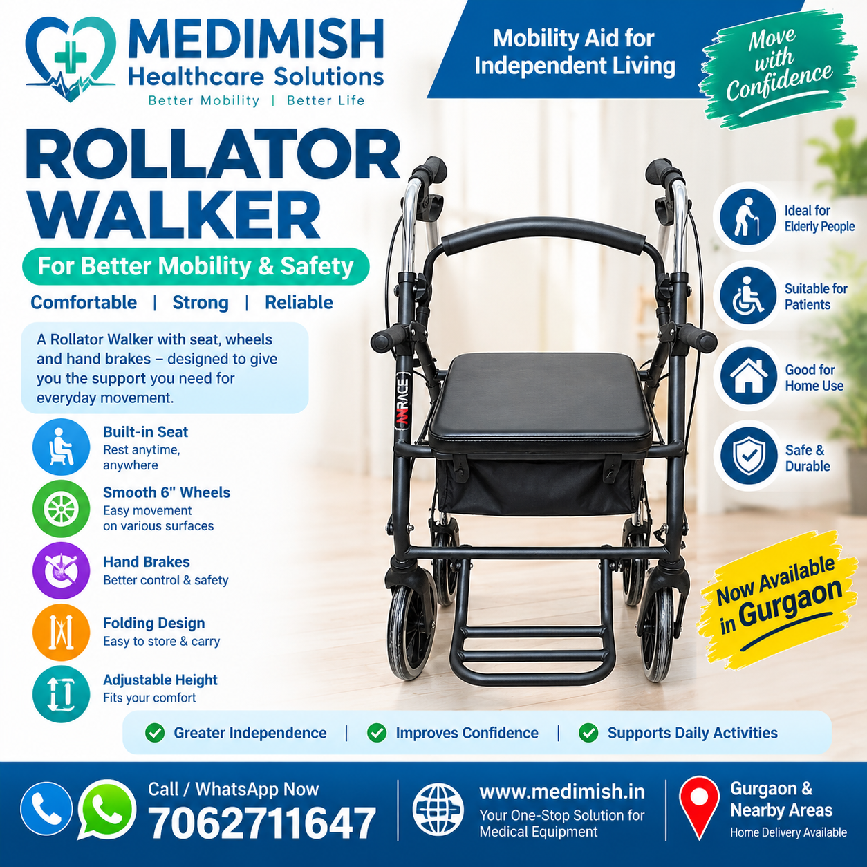 Rollator Walker in Gurgaon | Walking Aid with Wheels & Seat