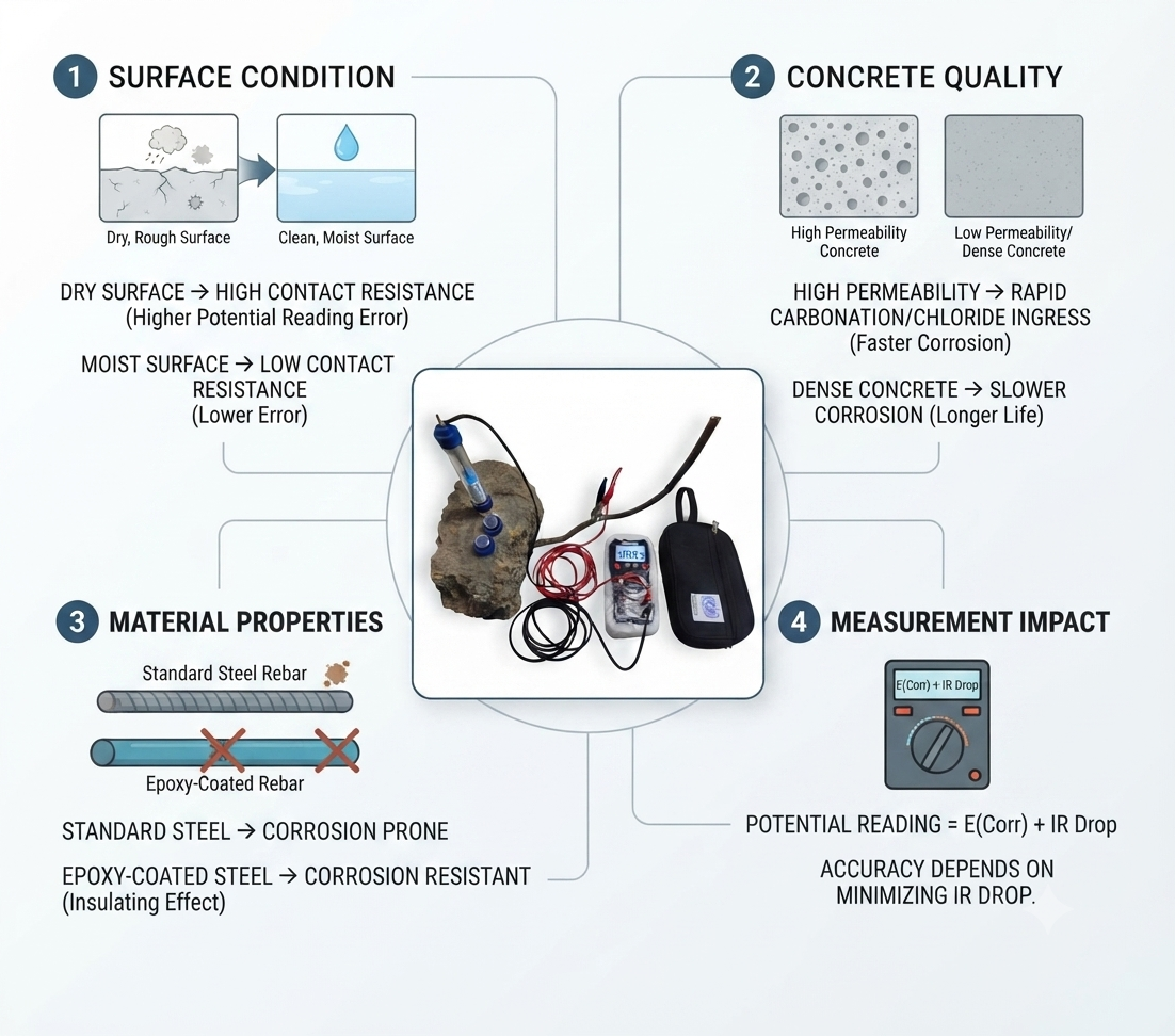 Effect of Surface Condition, Concrete Quality, and Material Properties on Potential Measurements