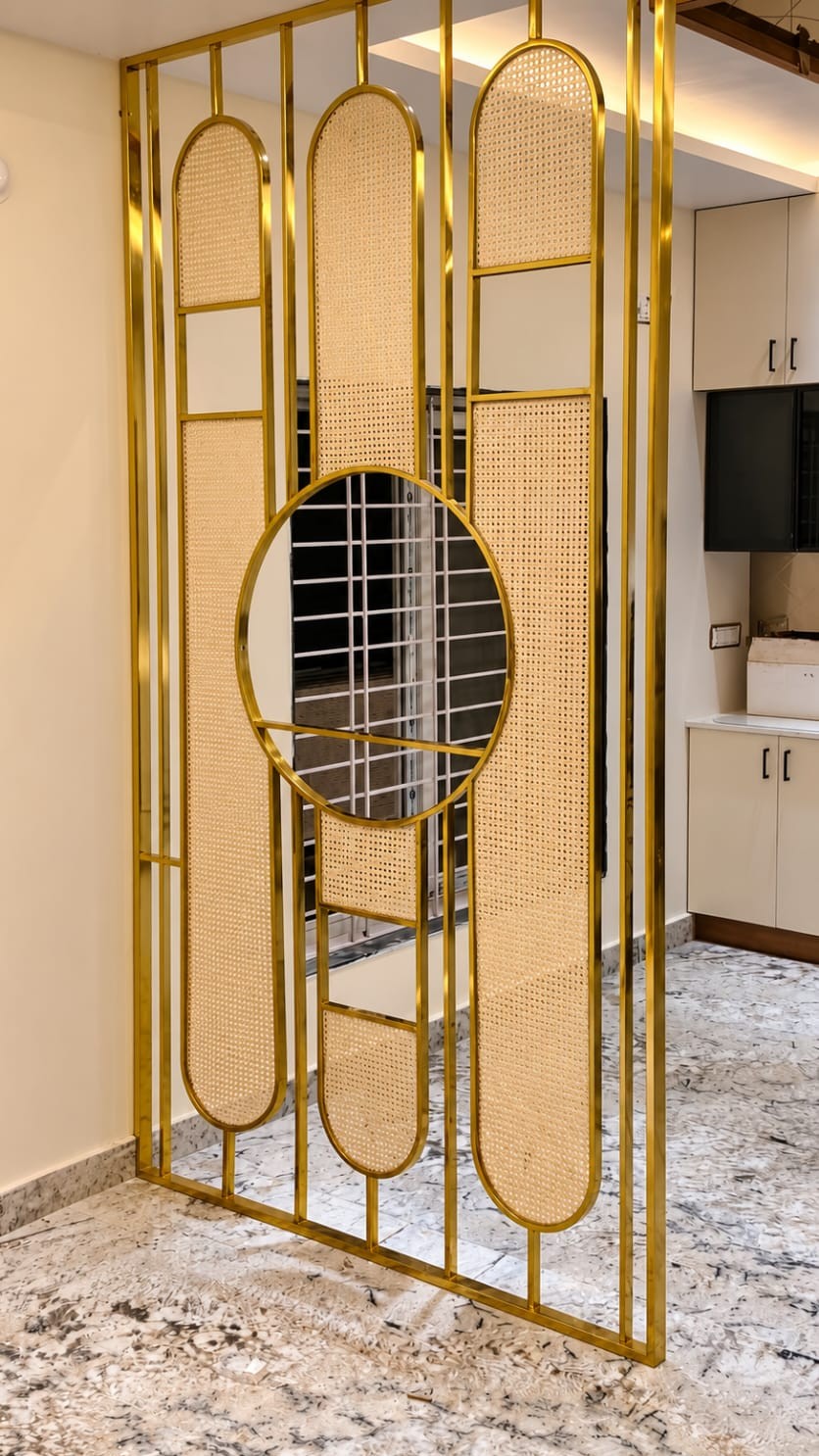 Elegant Gold Metal and Cane Partition Design | Velachery