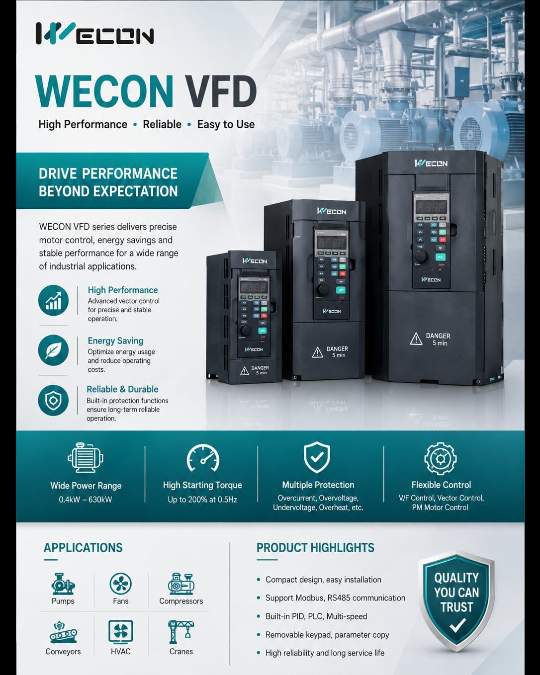WECON VFD delivers high-performance motor control with excellent reliability and energy efficiency f...
