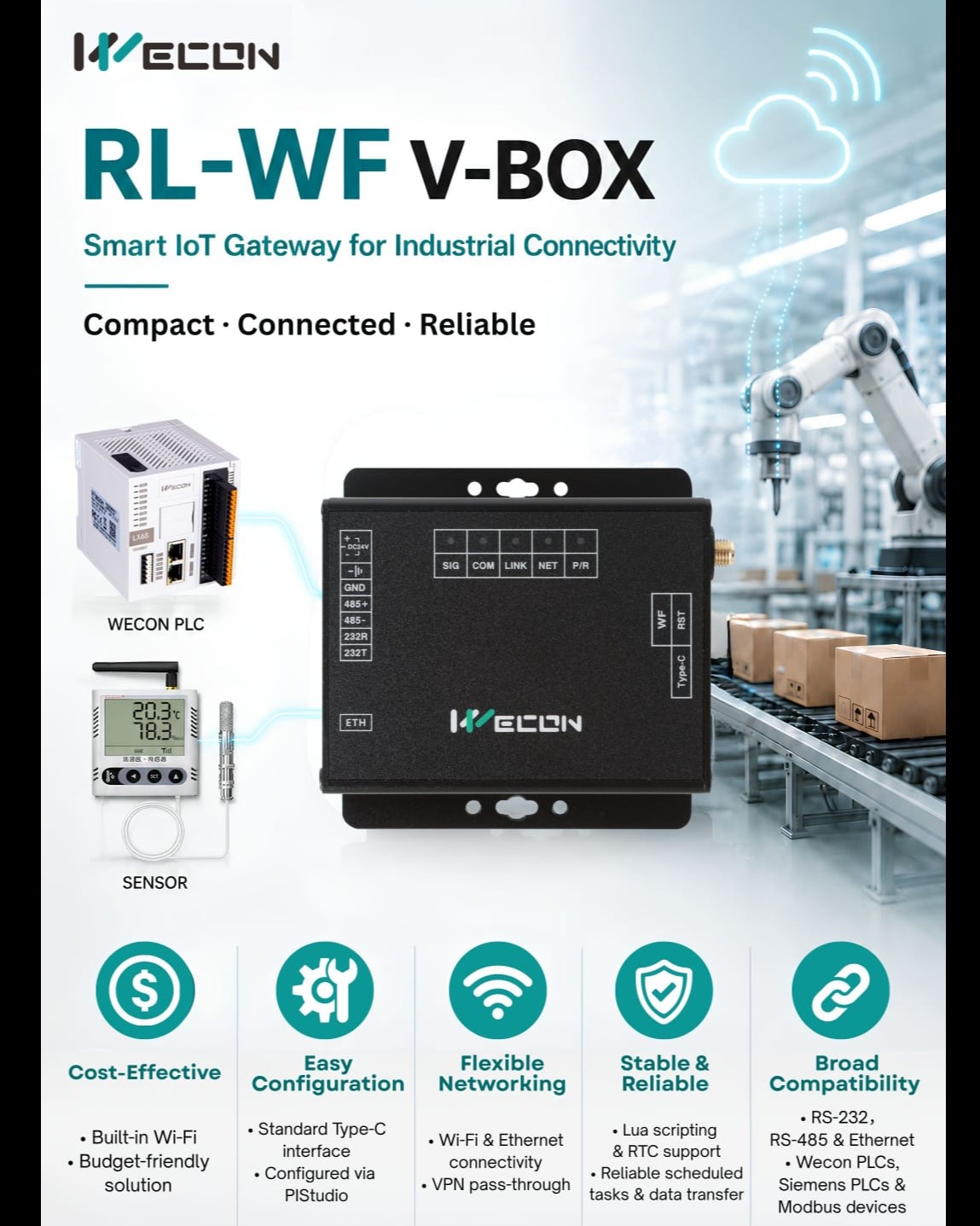 The WECON RL-WF V-BOX is a smart IoT gateway designed for industrial connectivity and real-time data...