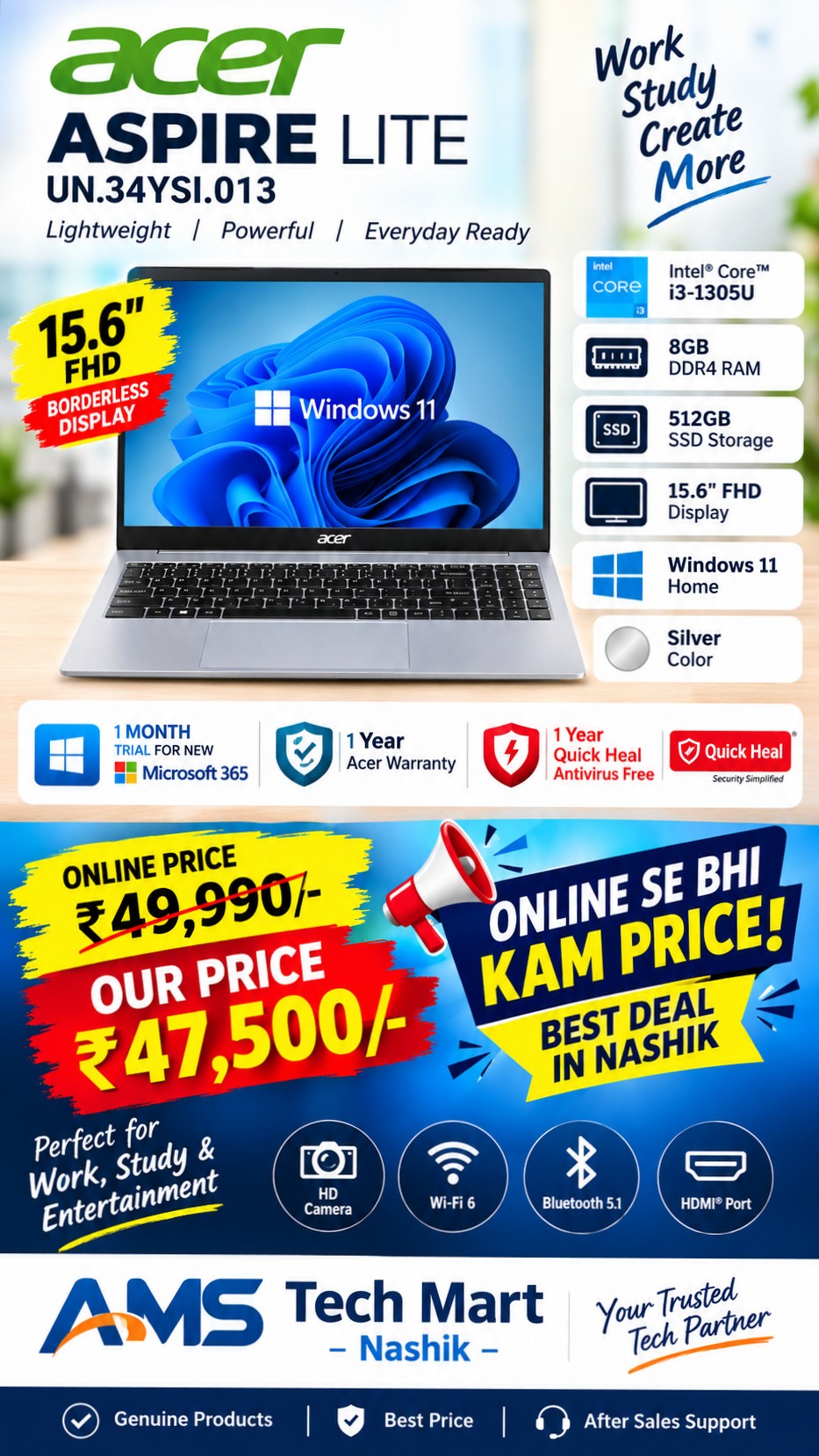 Online Price ₹49,990 – Our Price Just ₹47,500 + 1-Year Antivirus FREE!