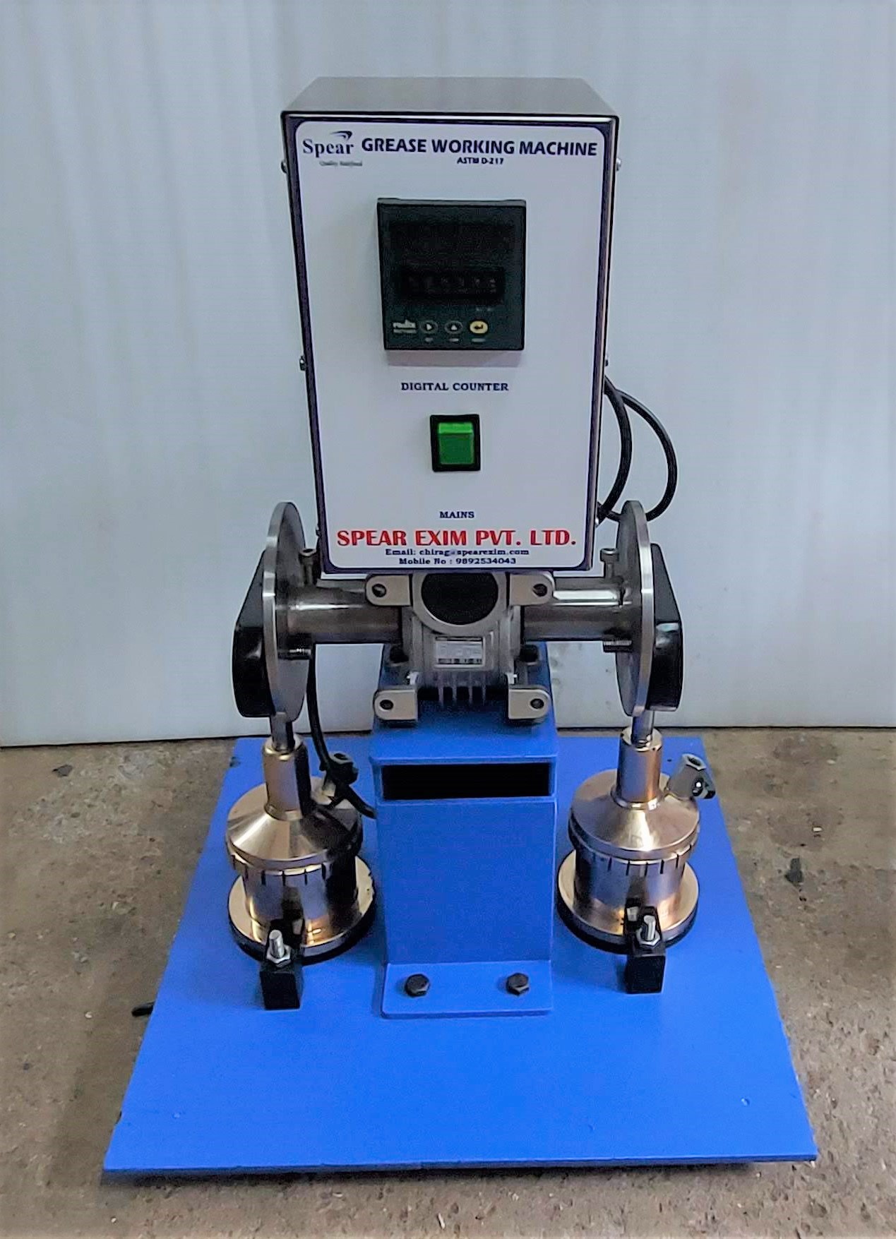 Mechanical Grease Workers is used for “worked penetration’’ and “prolonged worked penetration” tests to determine consistency of lubricating greases. The equipment Consists of dual ASTM grease workers which is mounted on a sturdy base and driven by a powerful gear reduction motor. It meets ASTM specifications for stroke length and rate. Grease Worker is equipped with a presetting electronic counter that automatically shuts off the drive motor after any desired number of strokes up to 1000000. Grease workers have threaded cup and cover, and steel plunger plate with shaft and handle that connects to eccentric cam on drive unit.SpecificationsConforms to: ASTM D217, D4950; IP 50; ISO 2137; DIN 51804; FTM 791-311, 791-313*Drive Motor: fan cooled gear reduction type, 1/2 hp (dual-unit model)Mechanical Grease Workers: 220-240V 50/60Hz, Single Phase, 1.5AIncluded AccessoriesMechanical Grease Worker cup 2 No