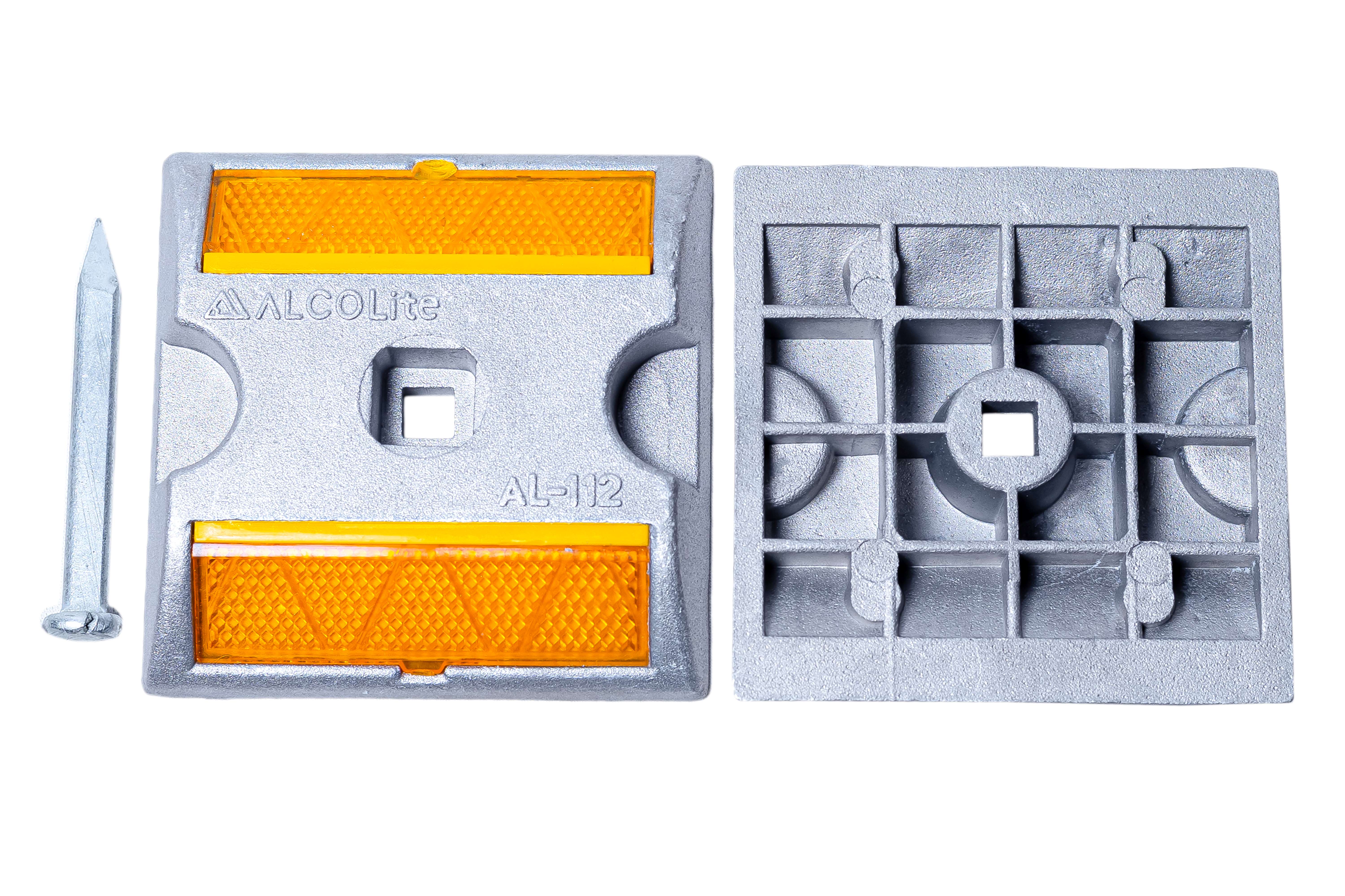 ALUMINUM ROAD STUDTWO WAY REFLECTIVE, ALUMINIUM ALLOY BODY, TWO WAY REFLECTIVE PMMA REFLECTOR YELLOW WHITE & RED WTH INBUILT SHANK SIZE - 100X100X20 MM