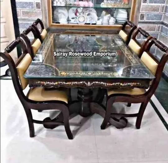 Rosewood Dinning table with 6 Chairs, Center leg D...