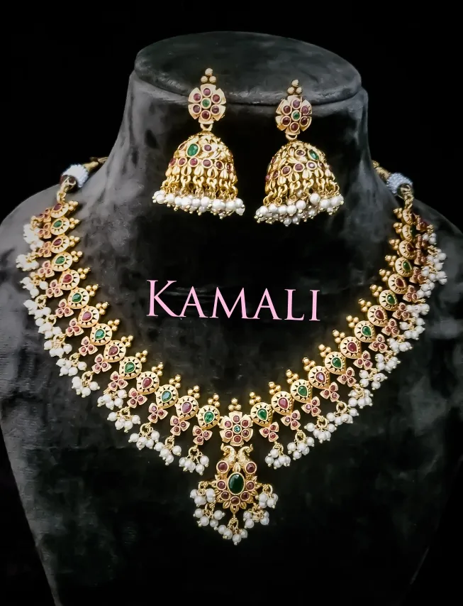 Gold Plated Antique Kempu Necklace Set for Women w...