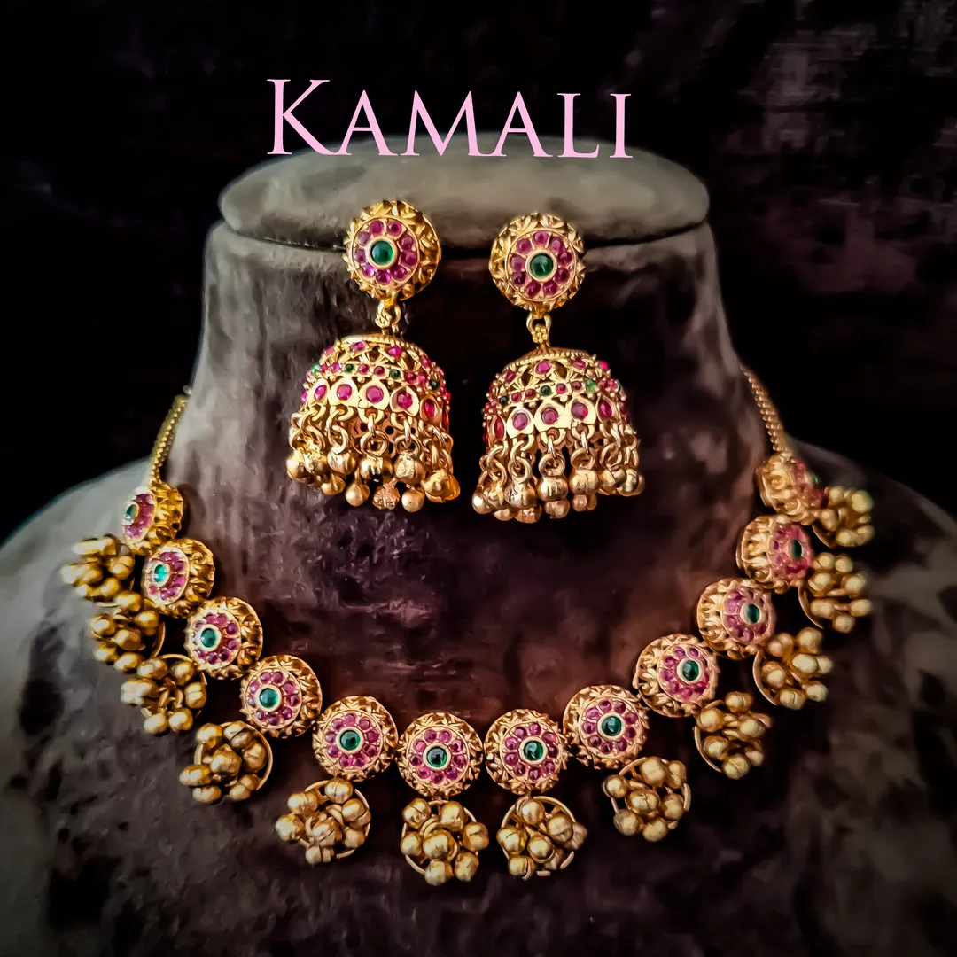 Antique Necklace Set with Jumkkas adorned with Red...