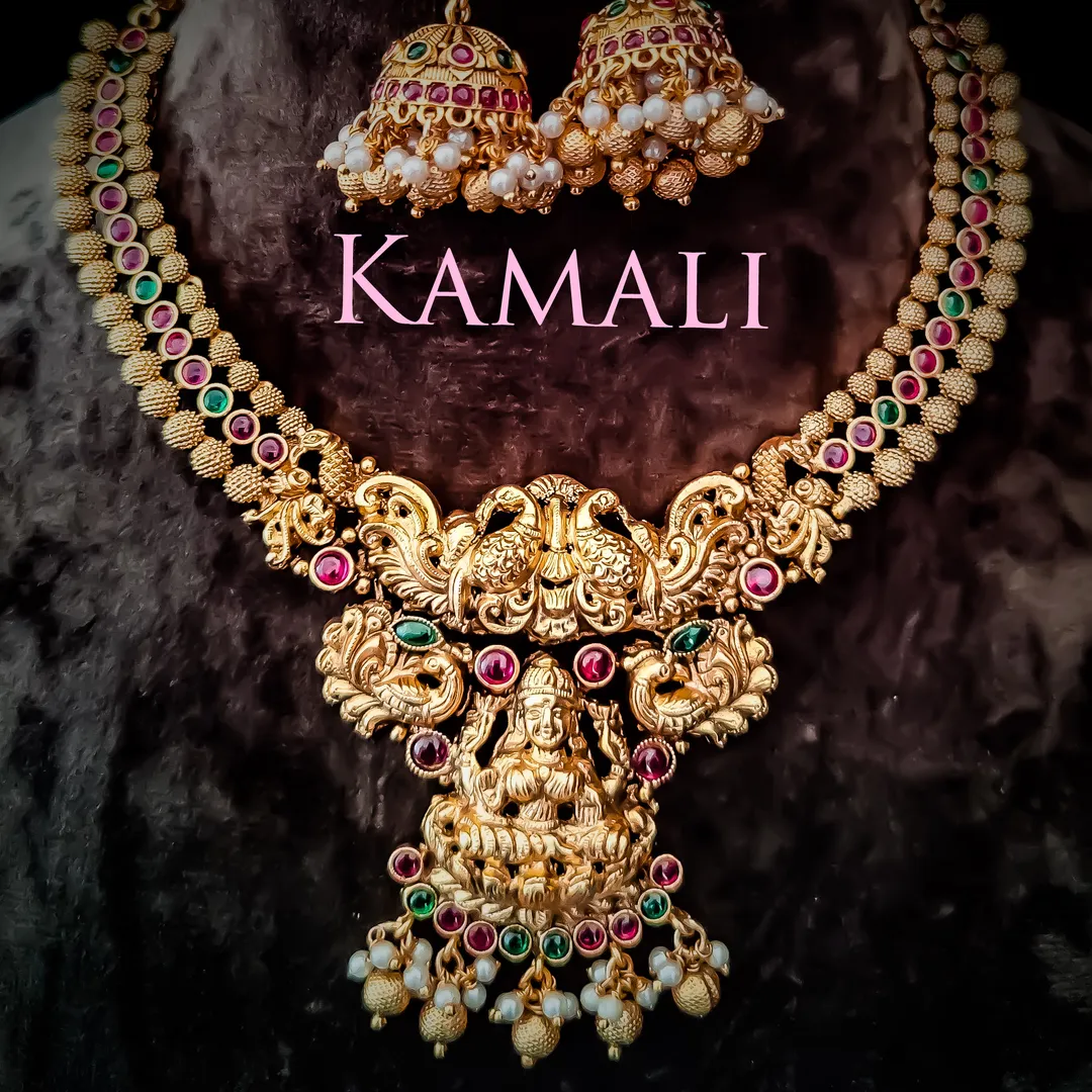 Lakshmi Motif Necklace with Jumkkas adorned with K...