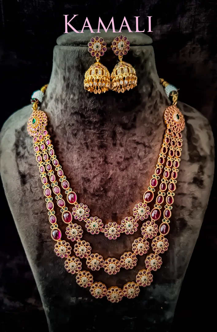 3 line Kempu Haram with Jumkkas
Oxidised Gold Pl...