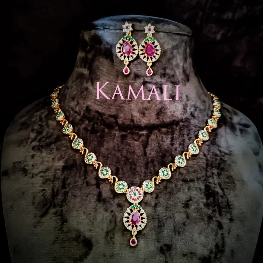 Ruby and Emerald Stones Necklace with Stud and dro...