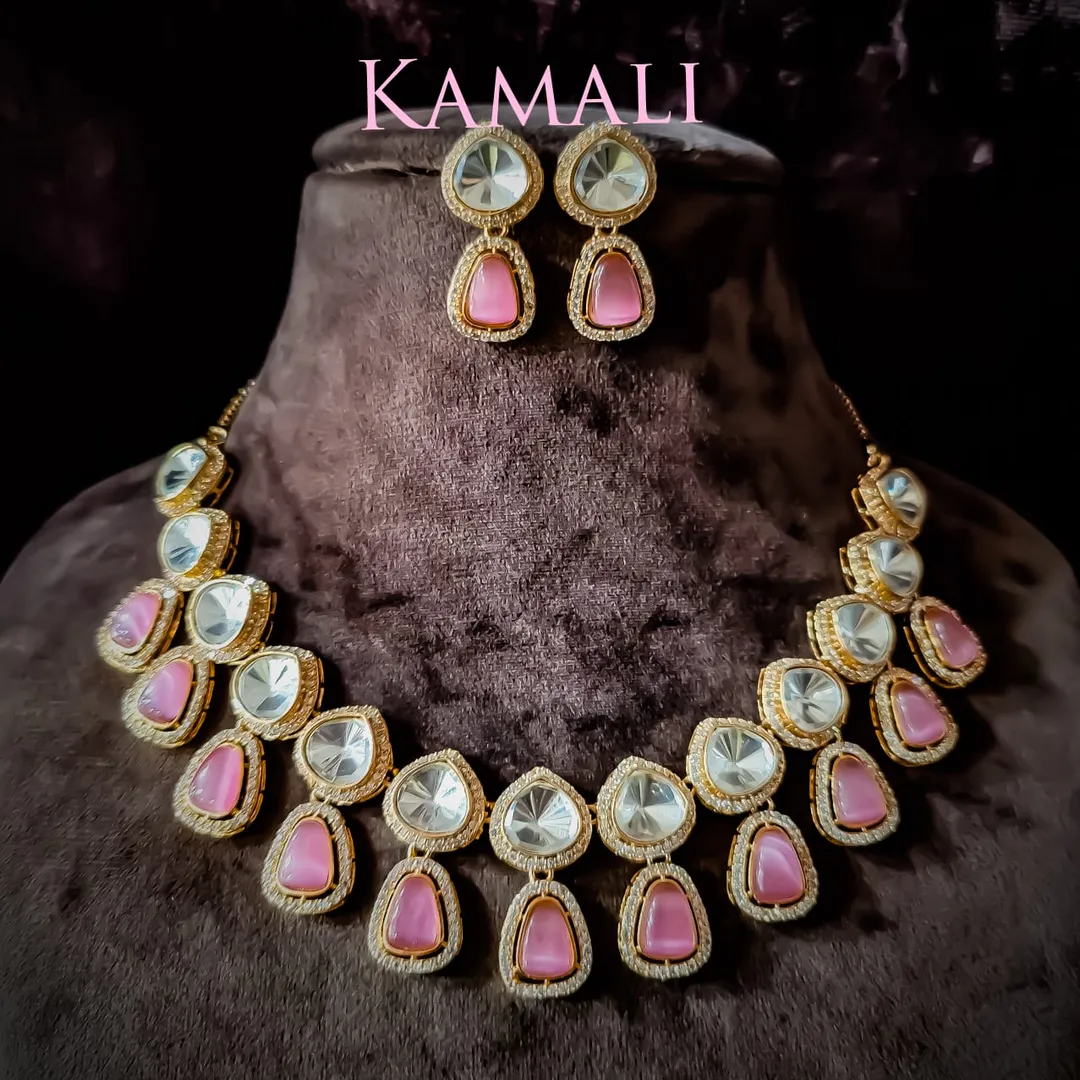 Victorian Mozanite Kundan Necklace Set with Stud a...