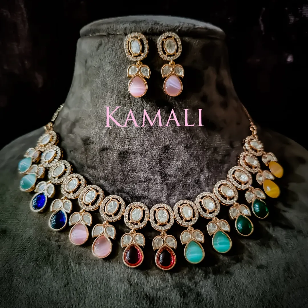 Victorian Mozanite Kundan with multi color stones
...