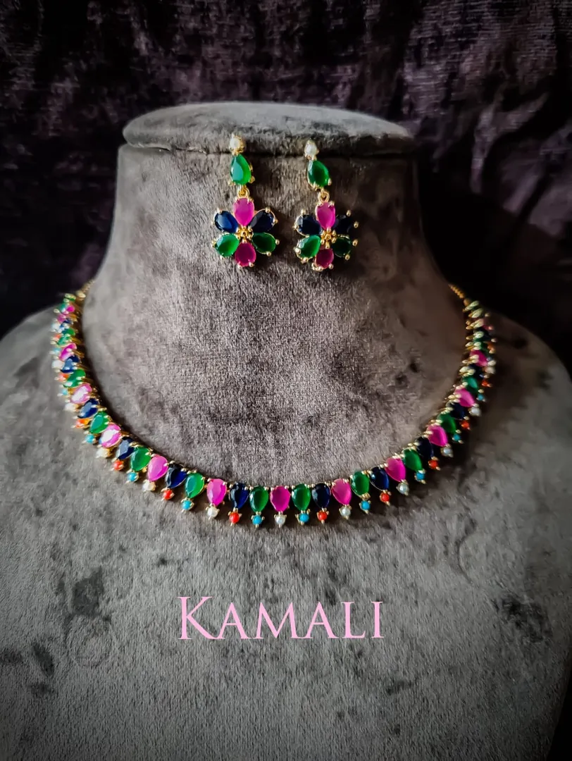 Ruby and Emerald Stones Necklace with Stud and dro...