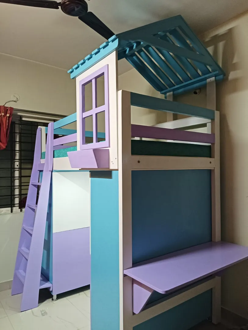 WOODEN HUT MODEL LOFT BED. UPPER COT SIZE IS 3'x6'...