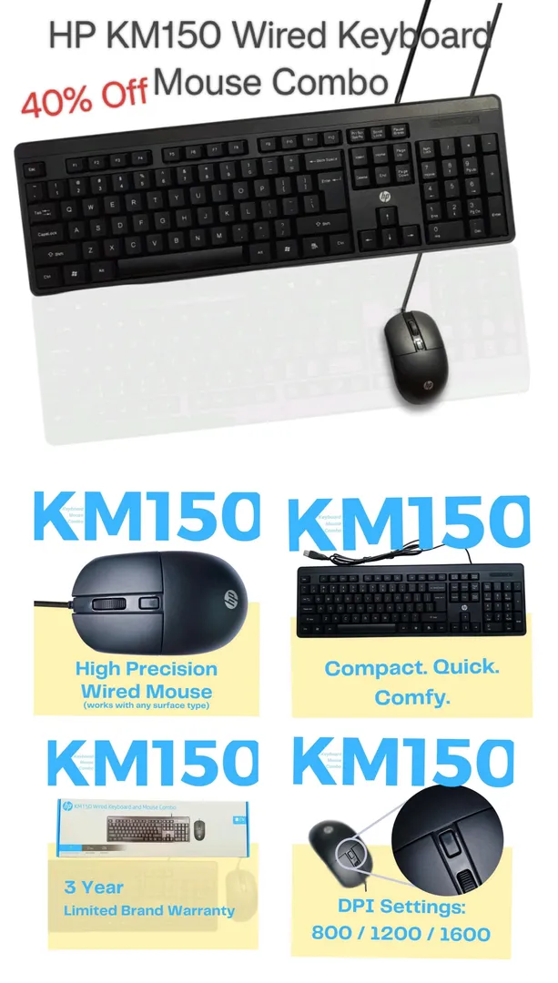 HP KM150 Wired Keyboard and Mouse Combo Full-Size ...