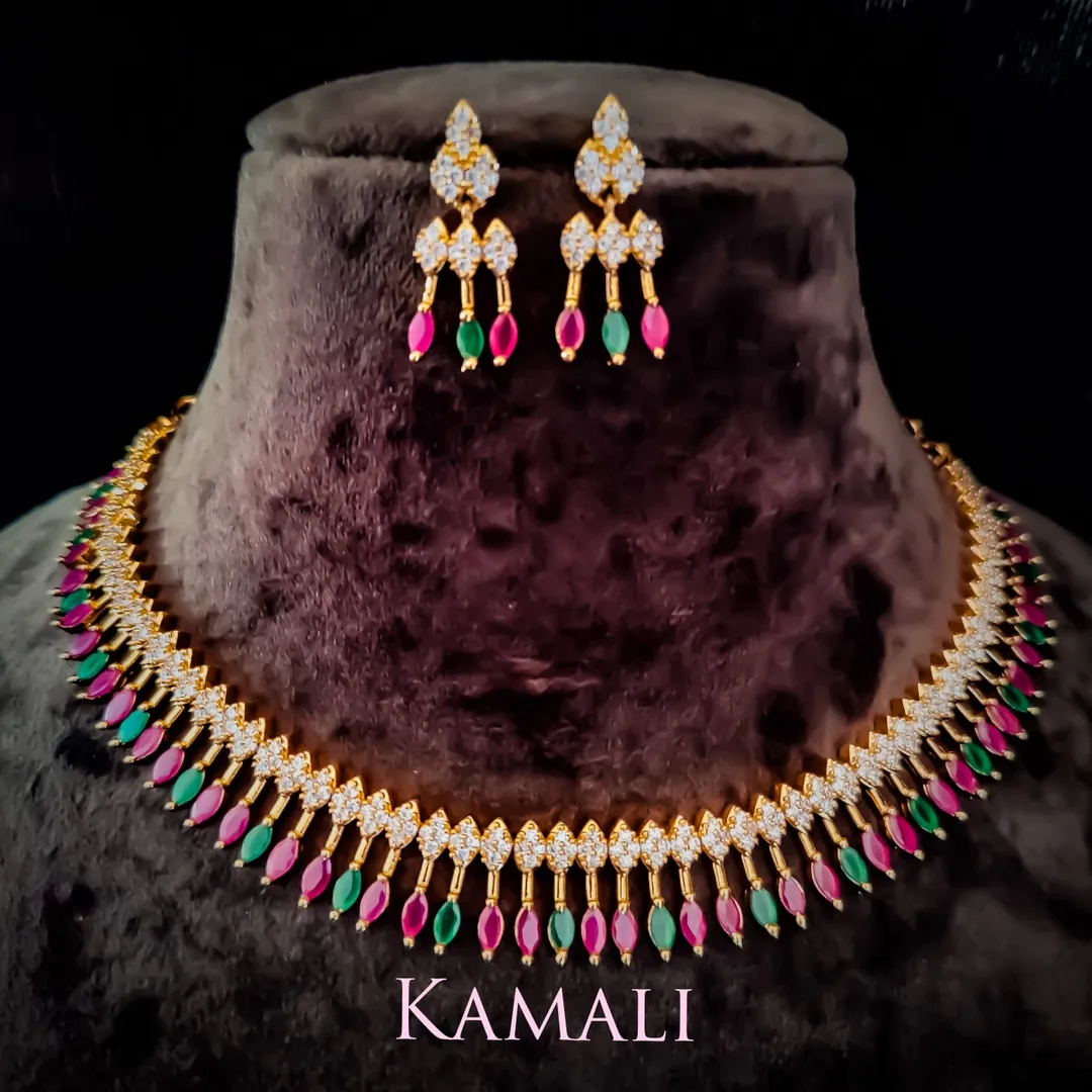 Ruby and Emerald Stones Necklace with Stud and dro...