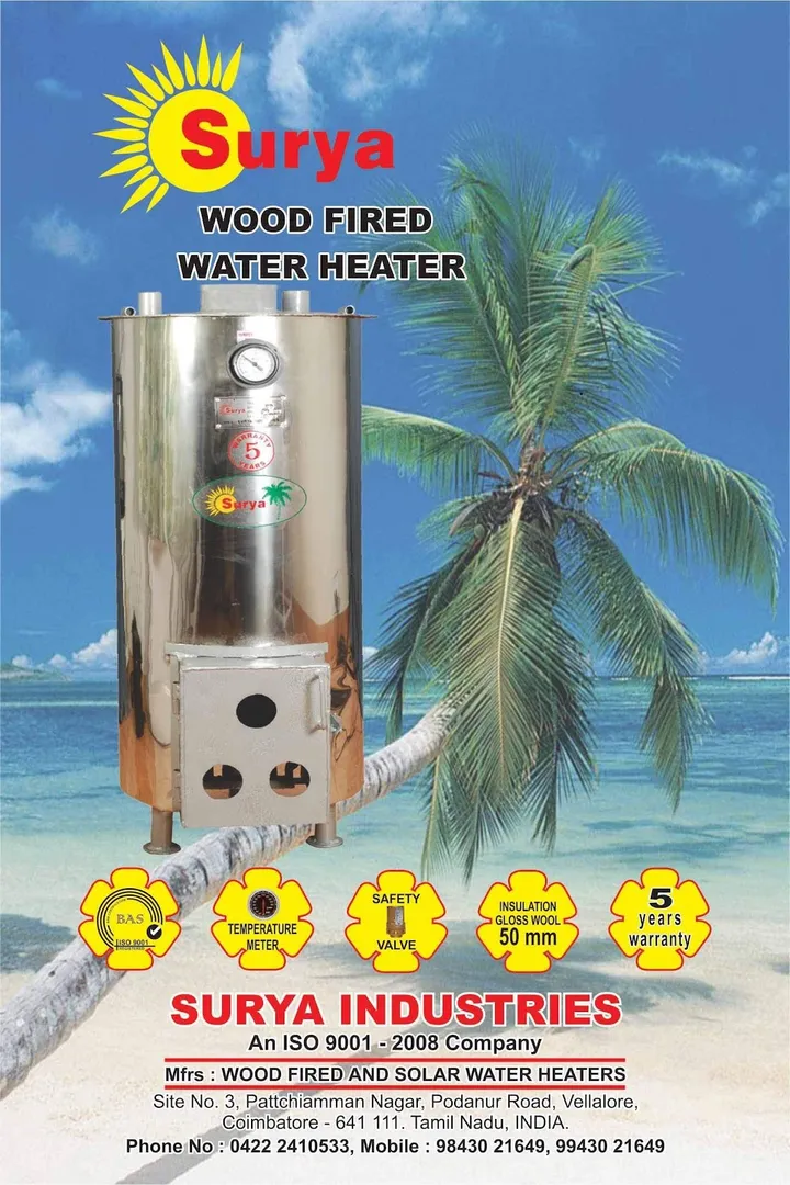 "Go green, get warm. Surya wood-fired water heate...