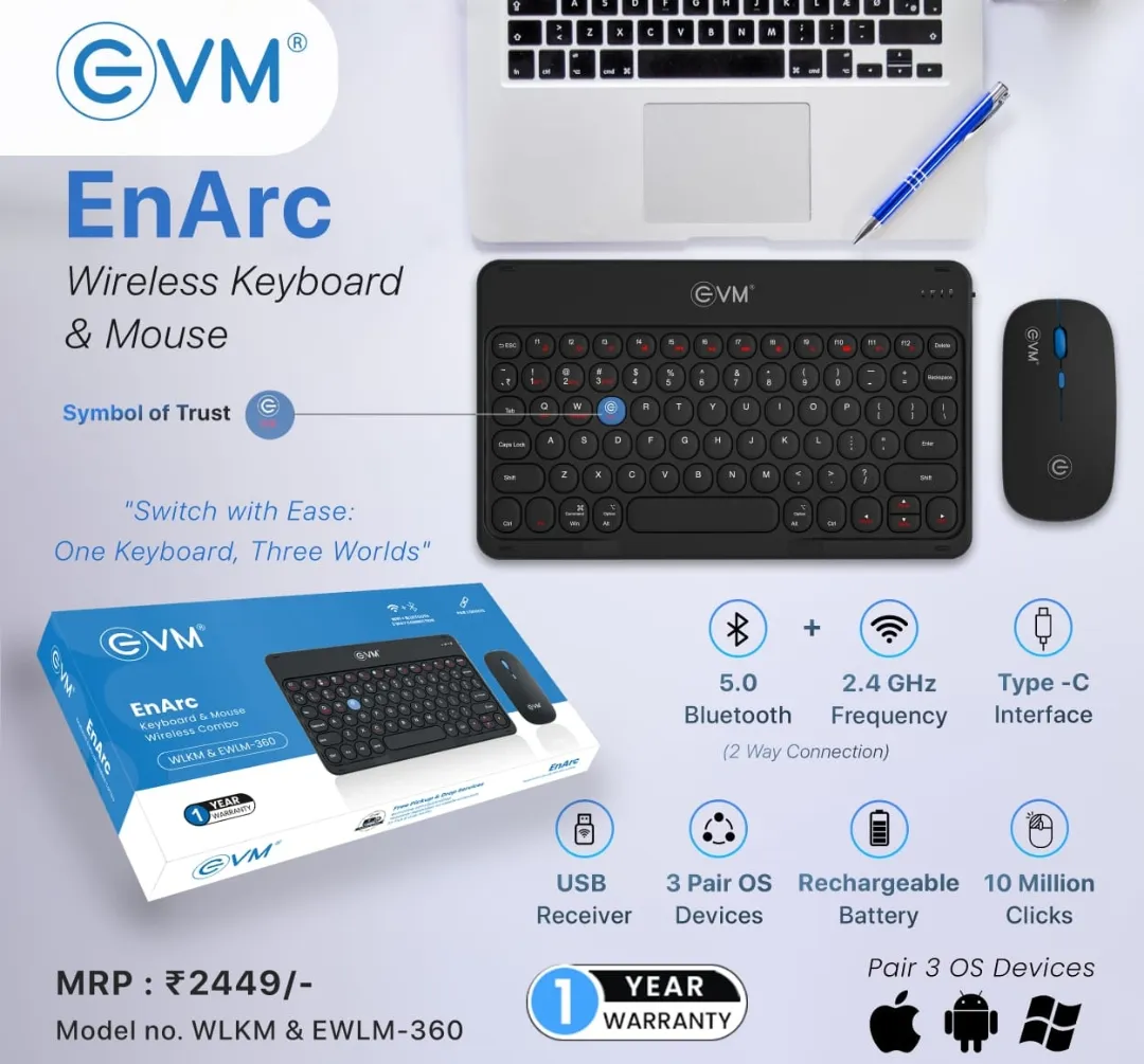 EVM EnArc Wireless Keyboard and Mouse Combo, Rechargeable Battery, Bluetooth 5.0 + 2.4G, Slim and Po