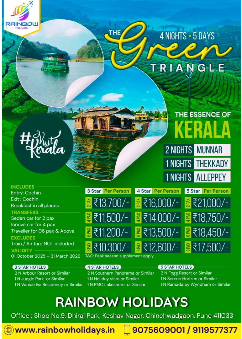 Explore Kerala’s Green Triangle: Munnar, Thekkady & Alleppey – 4N/5D Tour from ₹10,300 Only!