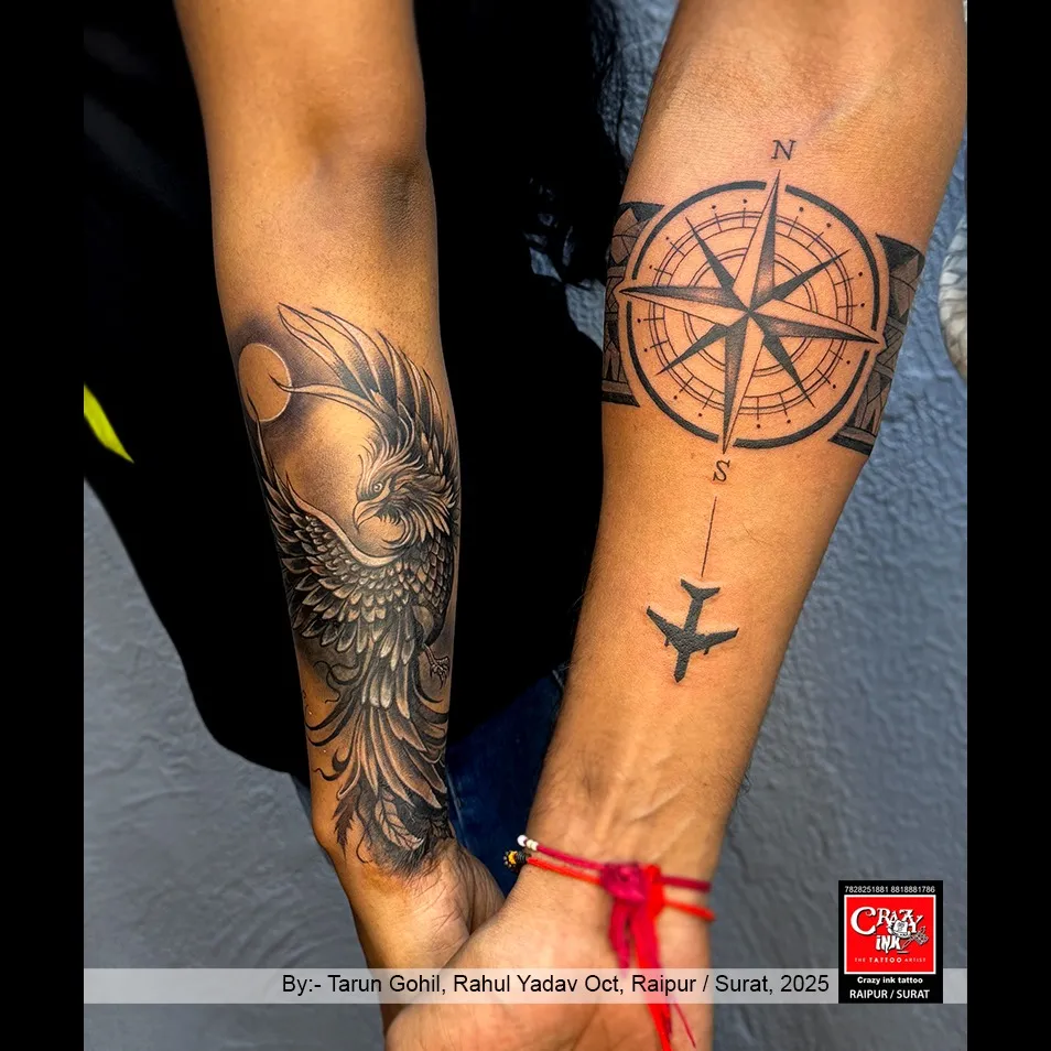 A PWERFULL COMBINATION OF REALISTICEARLE ART COMPASS TATTOO
The left forearm features a beauti...
