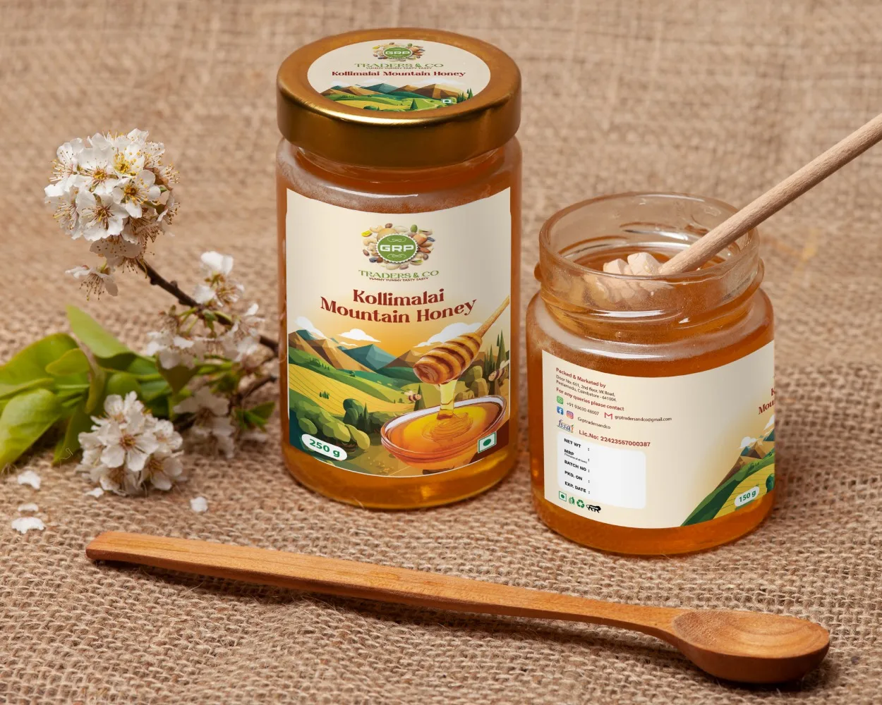 Premium Honey Sticker Label Design – Kollimalai Mountain Honey Packaging by Surya Graphics