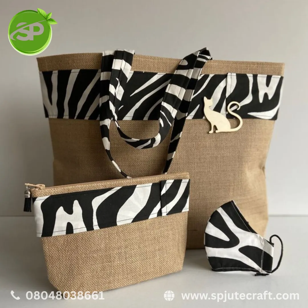 SP Jute Craft presents the perfect Zebra Edition Jute Combo — tote bag, pouch, and mask. Pure jute b...
