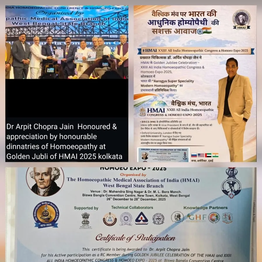 Dr Arpit Chopra Jain Appreciated & Honoured by Ayush ,CCRH,NIH,NCH & HMAI at Golden Jubli Kolkata Go...