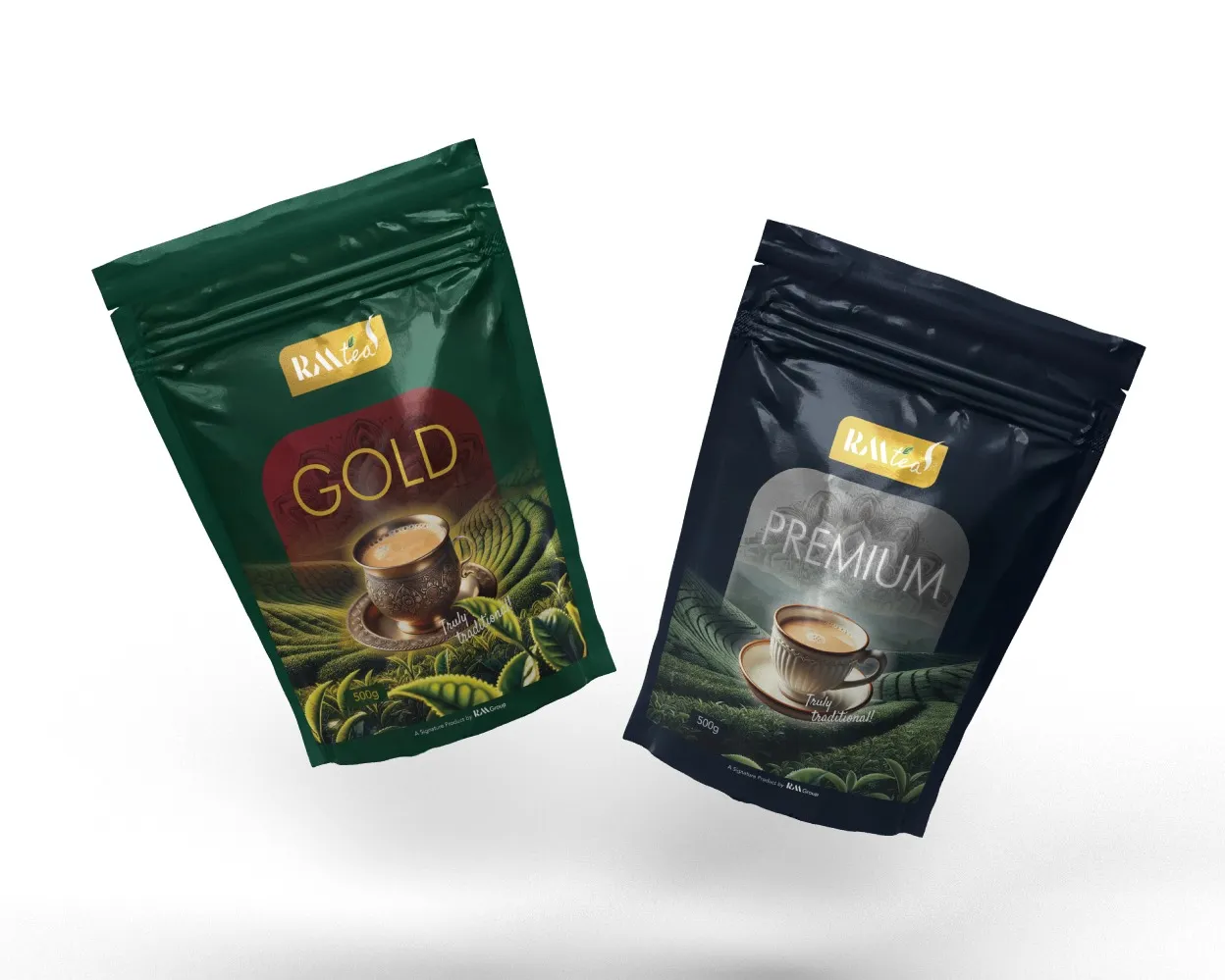 Premium Tea Powder Stand-Up Pouch Packaging | RM Tea Gold & Premium – Freshness Locked, Aroma Preser