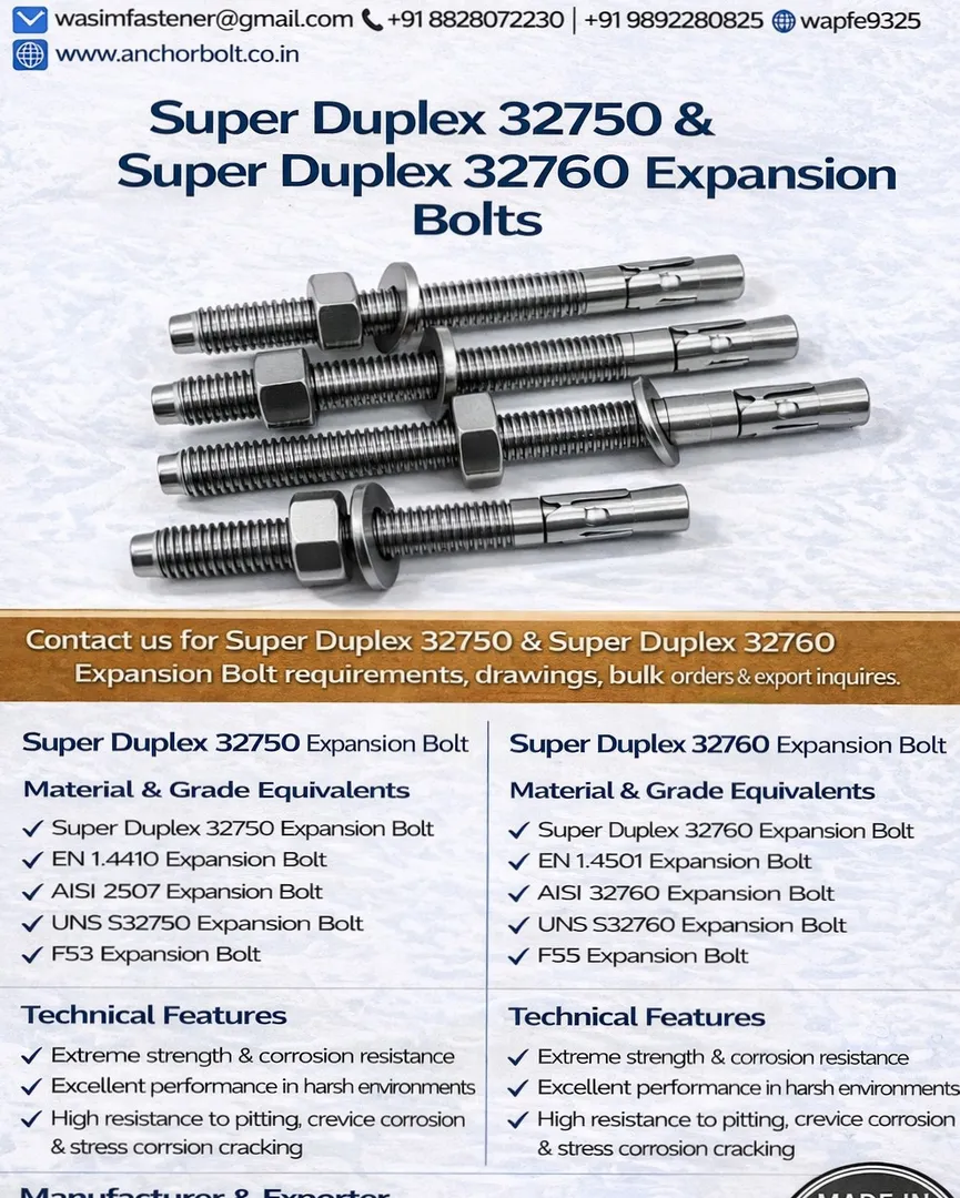 Super Duplex 32750 & 32760 Expansion Bolts Manufacturer | High Strength Anchor Fasteners