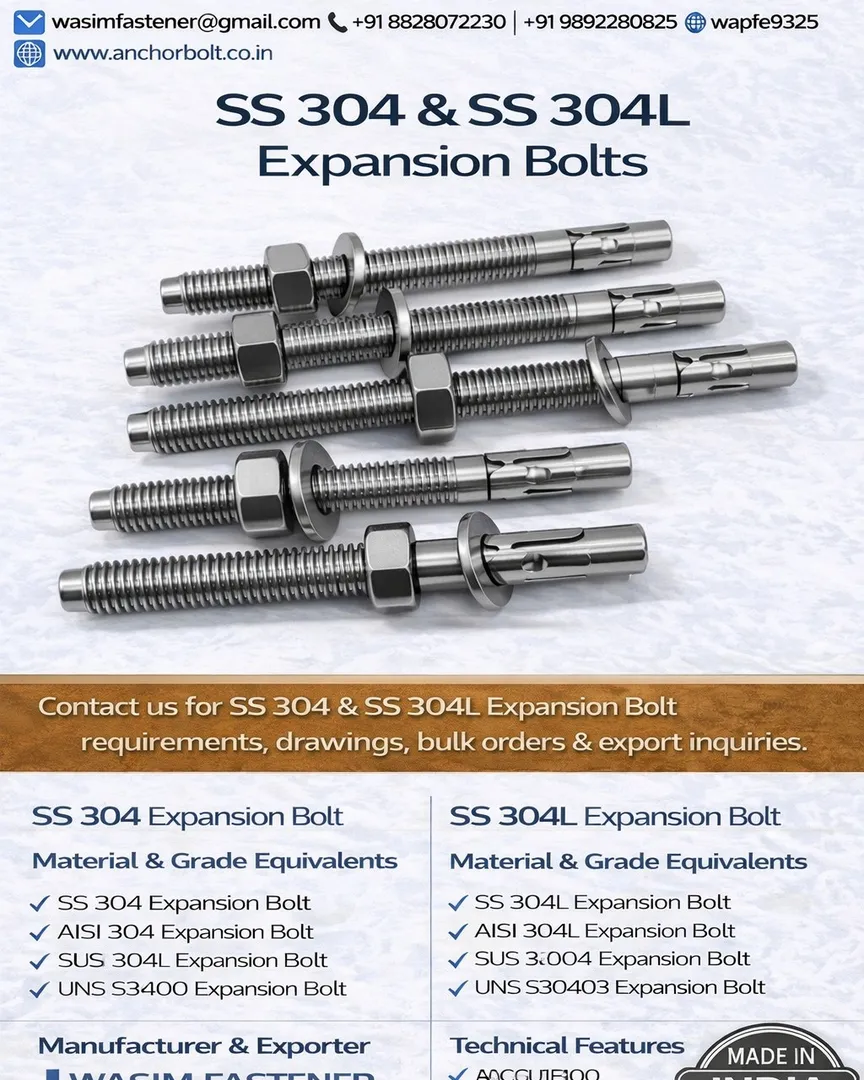 SS 304 Expansion Bolts Manufacturer | Stainless Steel Anchor Fasteners Supplier
