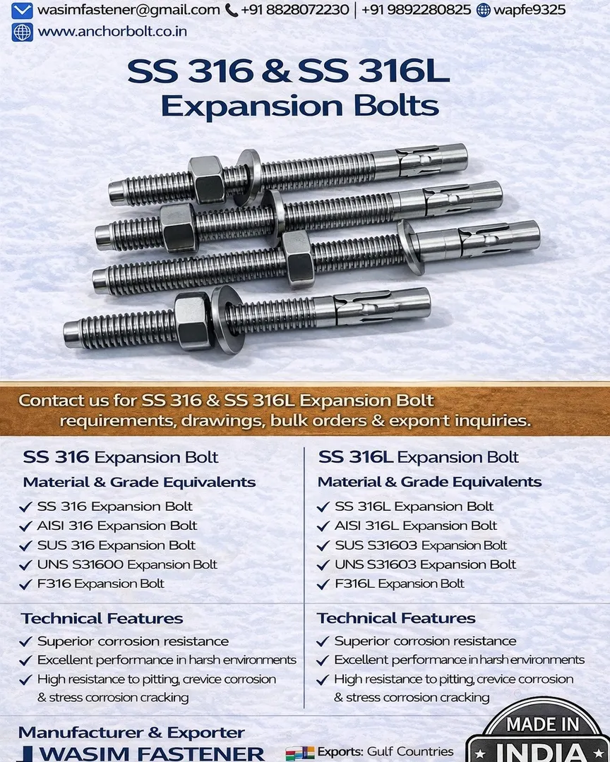 SS 316 Expansion Bolt
SS 316L Expansion Bolt
Stainless Steel 316 Expansion Bolt
SS 316 Anchor Bolts