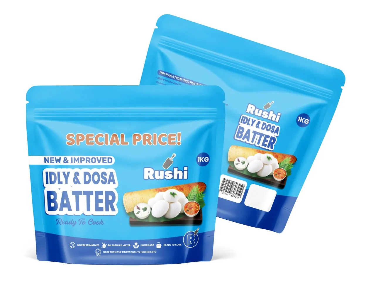 Trending D-Cut Stand-Up Pouch Packaging for Idli & Dosa Batter | Fresh Batter Packaging Design in Ta