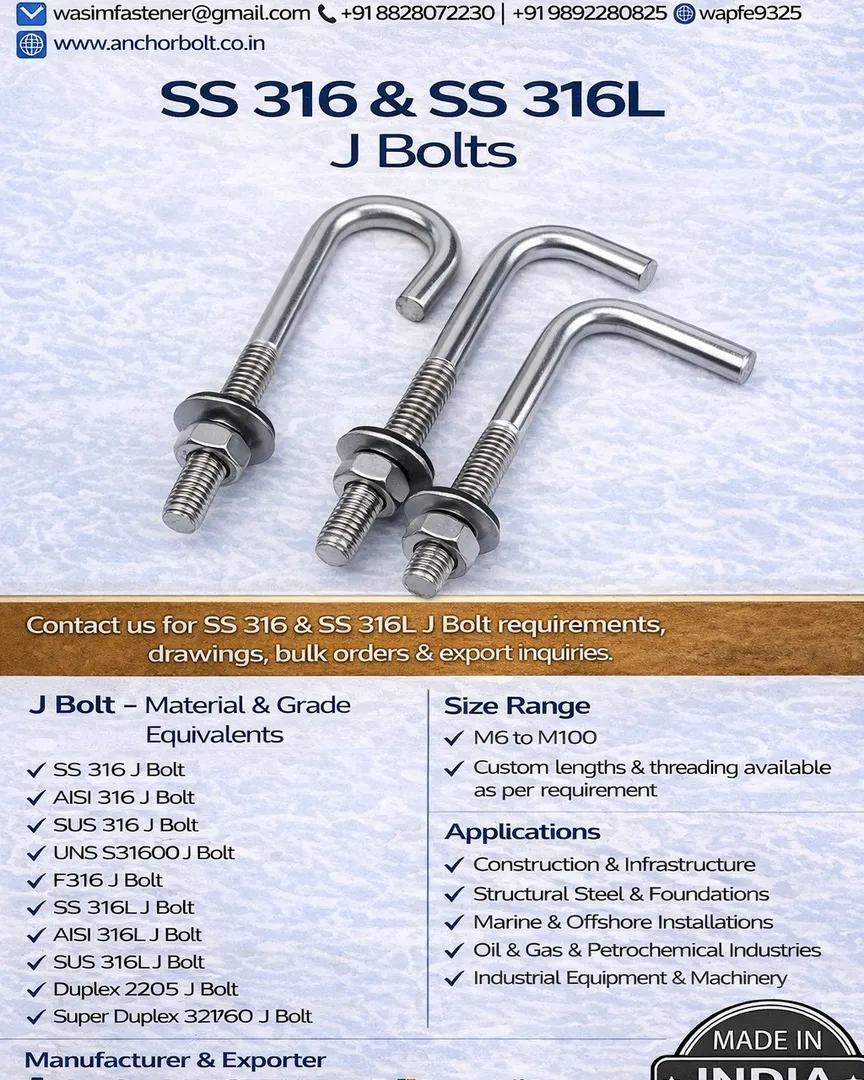 SS 316 J Bolt
SS 316L J Bolt
Stainless Steel 316 J Bolt
Stainless Steel 316L J Bolt
J Type Anchor