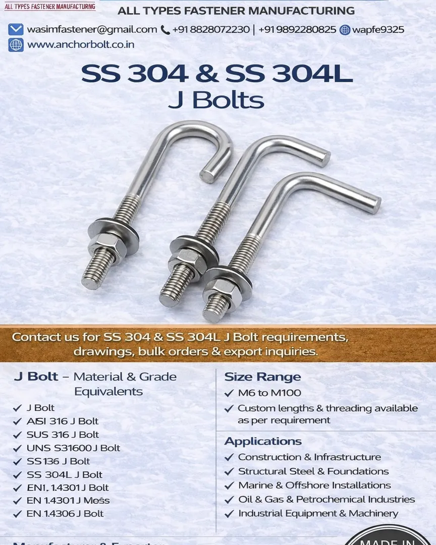 SS 304 J Bolt
SS 304L J Bolt
Stainless Steel J Bolt
Stainless Steel 304 J Bolt
Stainless Steel 304L