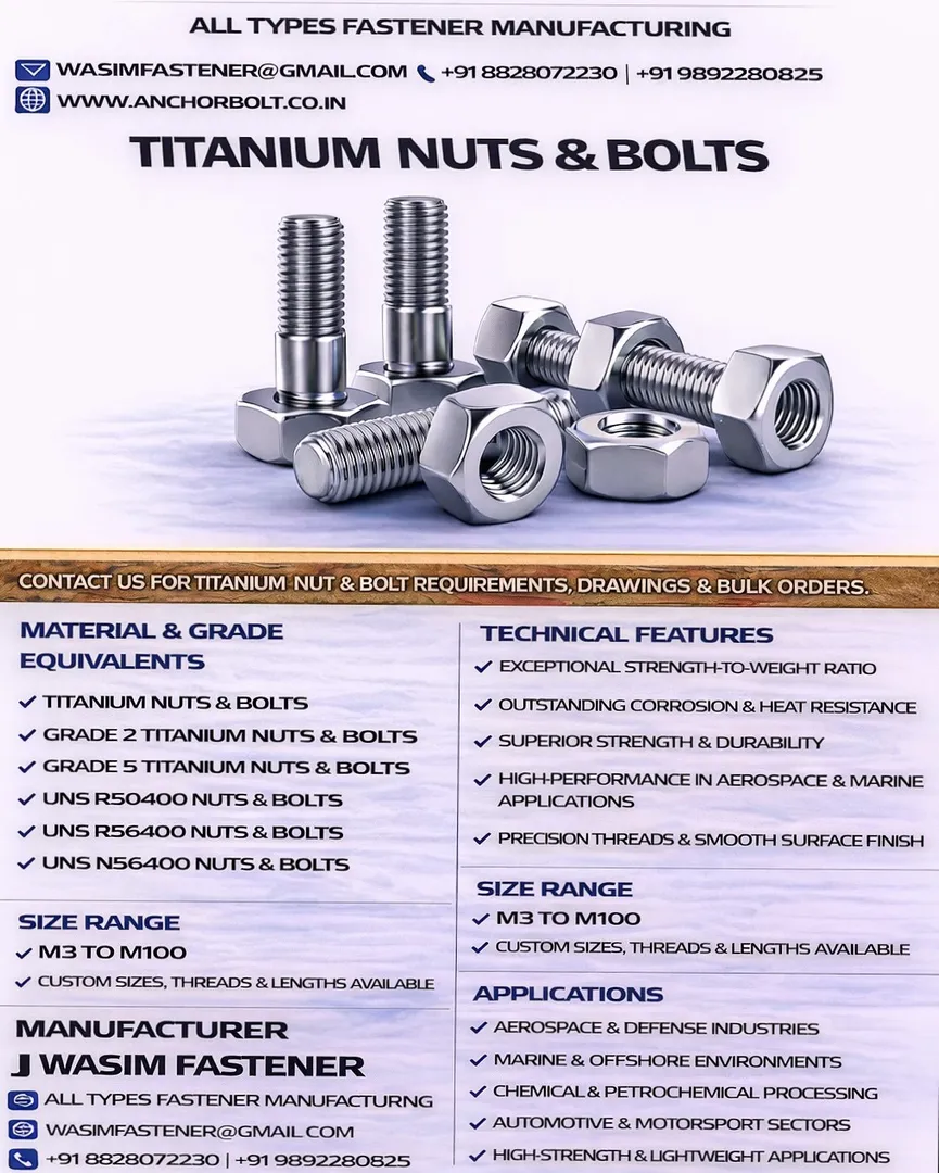 Titanium Nuts & Bolts Manufacturer & Exporter | Titanium Fasteners Supplier Worldwide
Titanium Nuts