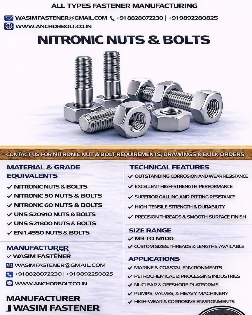 Nitronic Nuts & Bolts Supplier in USA, Europe & Gulf | Manufacturer India
Nitronic 50 / Nitronic 60