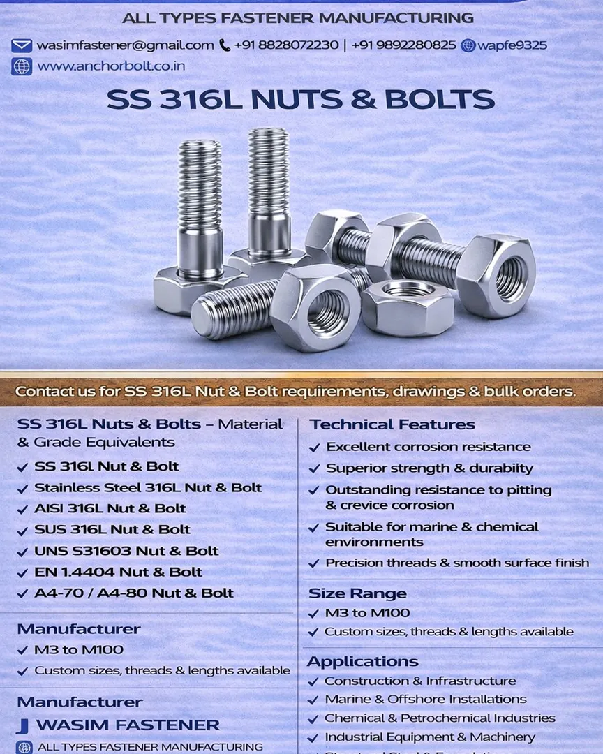Stainless Steel 316L Nuts & Bolts | AISI 316L Fasteners Manufacturer
SS 316L Fasteners Supplier