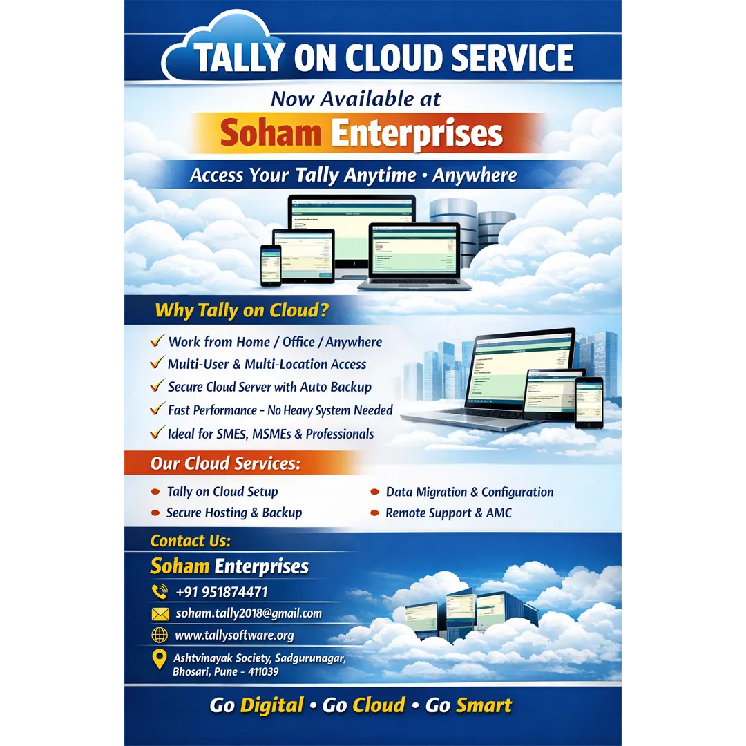 Tally on Cloud Service Available
Soham Enterprises | Secure Tally Cloud Solutions in Bhosari, Pune
N...