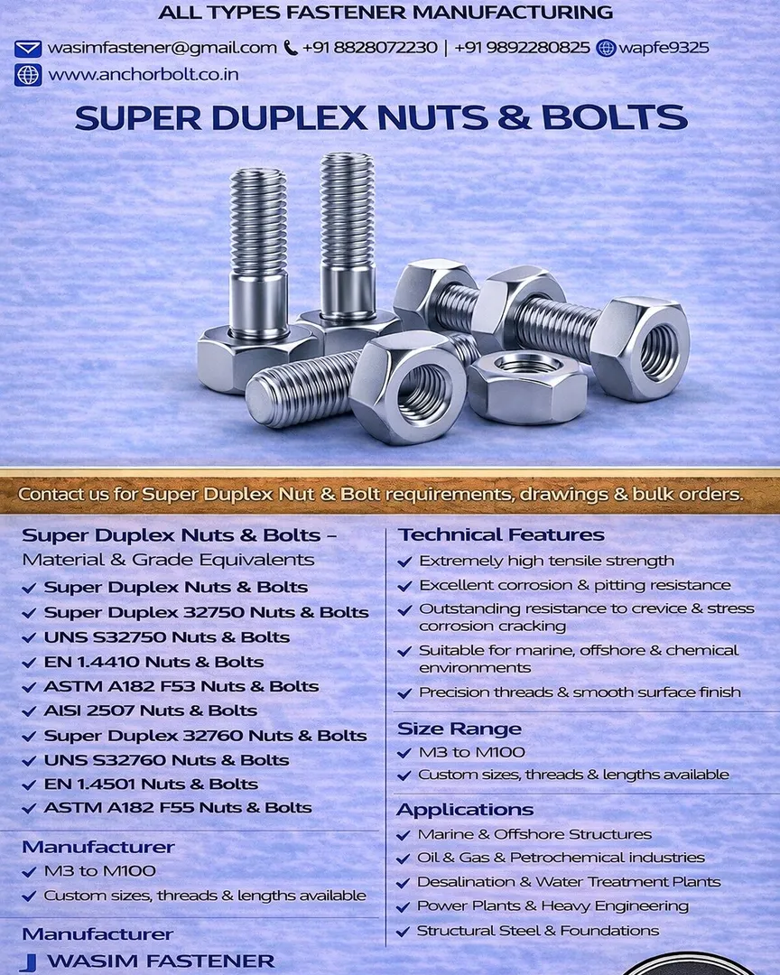 Super Duplex Nuts & Bolts Manufacturer & Exporter | UNS S32750 / S32760 Fasteners Supplier Worldwide